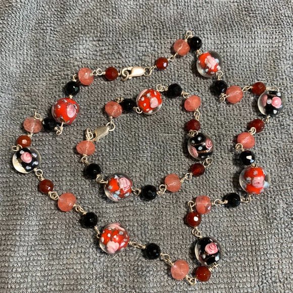 .925 Sterling Glass Bead Necklace & Bracelet Set. (304) - Picture 1 of 4